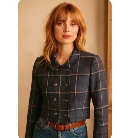 Vintage Wool Classic Preppy Blue Green Plaid Double Breasted Crop Blazer Large - Picture 1 of 13